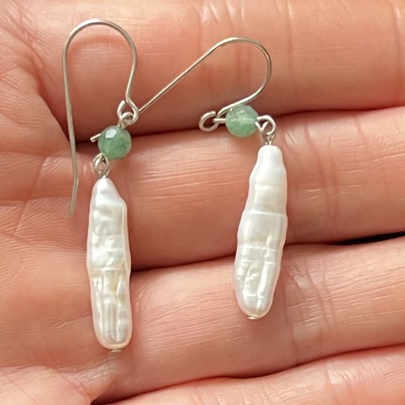 Artisan 925 Sterling Silver Rare White Biwa Stick Pearl Hook Earrings - Picture 3 of 5